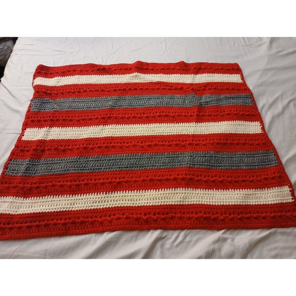 28 X 36 Handmade Crochet Baby/Lap Blanket Throw Red White Grey Stipes - Picture 1 of 11